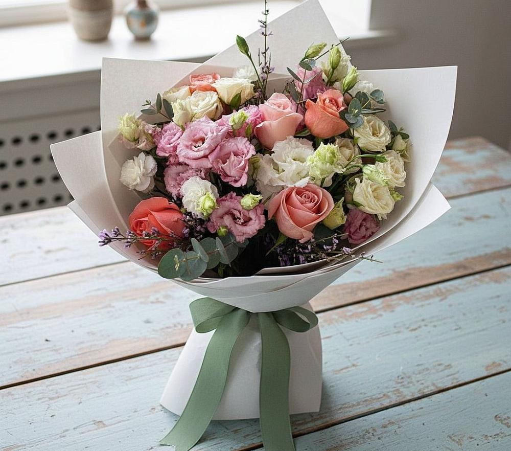 Букет цветов из: Розы, Лизиантусы и Гвоздики в Городищи